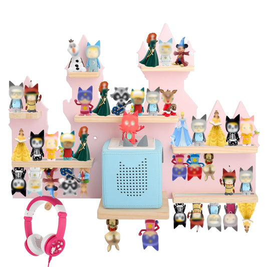 for Toniebox 2 and Toniebox 1 Tonie Shelf Wall Mounted Set,Tonies Figures Tonies Storage,Magnetic Wooden Floating Shelves Compatible with Tonie box Player Character for Children Room (pink-castles)