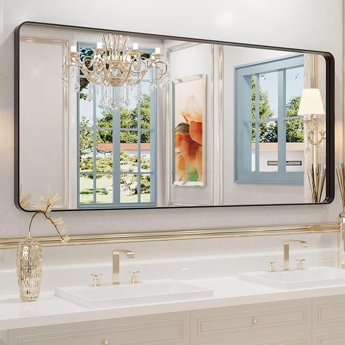 WEER Black Metal Framed Mirror, 60X28 Inch Rectangular Matte Black Wall Mirror for Bathroom, Rounded Corner Black Bathroom Vanity Mirror, Tempered Glass, Anti-Rust, Hangs Horizontal or Vertical