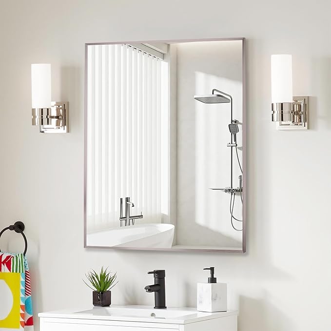 24x36 Inch Pewter Bathroom Mirror for Wall, Aluminum Frame Rectangle Rectangular Vanity Mirror, Modern Large for Bedroom, Living Room, Horizontal or Vertical