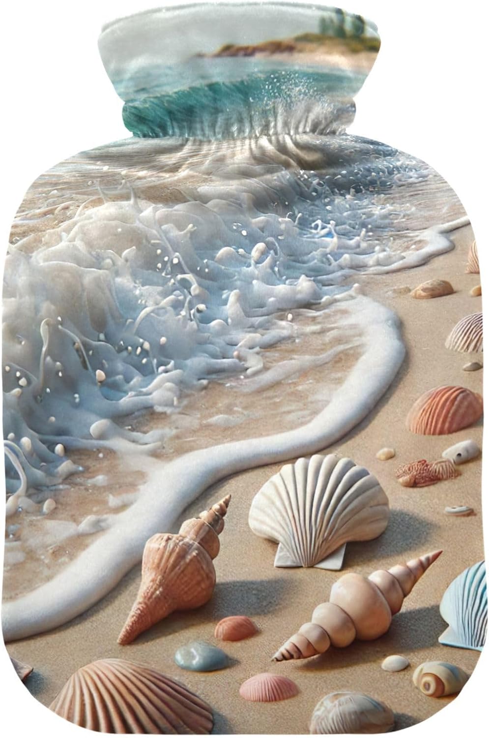 Seashells on The Beach Beige Hot Water Bottle with Soft Cover Feet Warmer with Soft Cover Hot Water Bag for Neck, Shoulder and Menstrual Cramps, 2L