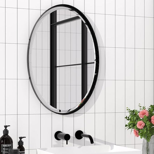 POZINO Matte Black Oval Beveled Mirror, 20"x28" Bathroom Mirror for Over Sink, Modern Rounded Vanity Wall Mirrors for Bedroom Living Room Entryway Fireplace, Wall Mount Hangs Horizontal Or Vertical