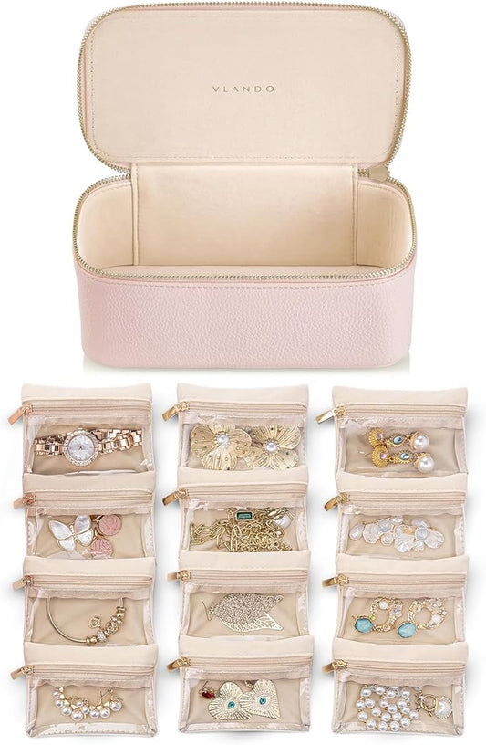 Vlando Jewelry Box Organzier for Travel,Graduation Gifts for Daughter,Jewelry Case with 12 Pcs Velvet Jewelry Bags for Earrings Necklace Rings,Valentine's Day,Birthday, Wedding Gift for Wome-Pink