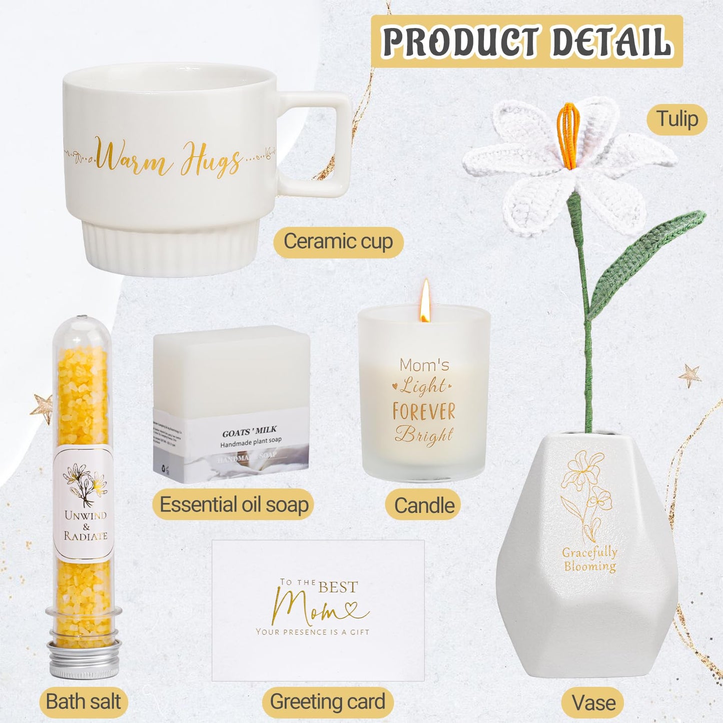 Gift for Mom – Relaxing Spa Basket with Warm Hugs Mug, Scented Candle, Tulip Vase and More, Perfect for Mother’s Day, Birthday, Christmas, Thanksgiving, Retirement & Thank You Gifts