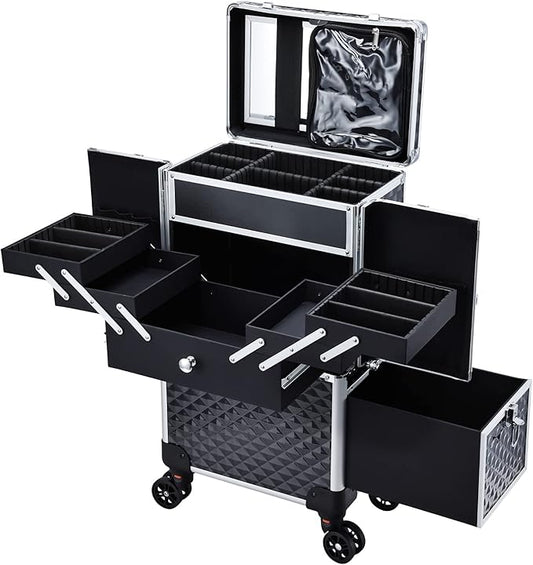 Adazzo Professional Makeup Artist Rolling Train Case Multi-functional Cosmetic Train Case Large Trolley Storage Case for Nail Technicians Cosmetology Case with Compartments for Hairstylist (Black)