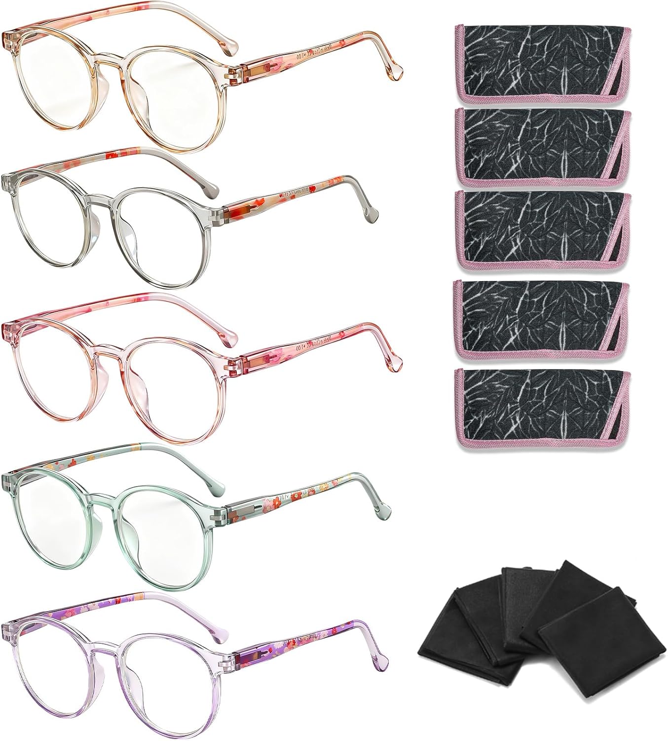 5-Pack Reading Glasses for Women Men, 3.0 Blue Light Blocking Computer Glasses with Spring Hinge, Round Fashion Readers with Case and Cleaning Cloth