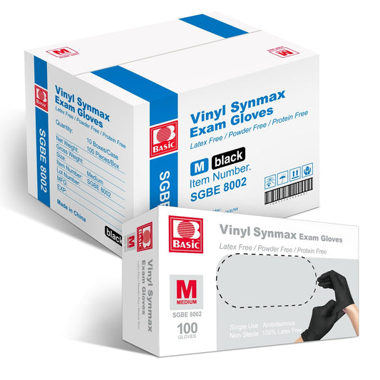 Jointown Vinyl Exam Gloves- 4 mil Safty Glove Latex-Free & Powder-Free, SGBE 8002 Synmax Disposable Medical Glove Medium (Case of 1000, Black)