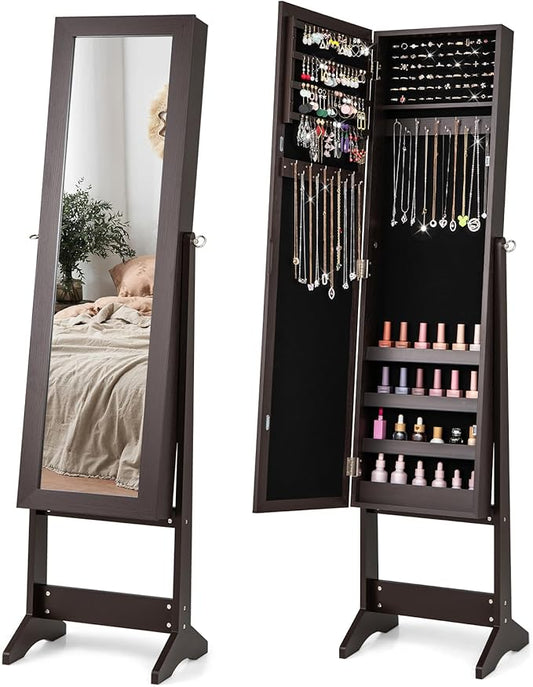 Giantex Jewelry Cabinet with Full-Length Mirror, Standing Jewelry Armoire Organizer with 64 Earring Slots, 20 Necklace Hooks, 72 Ring Slots, 4 Storage Shelves, 3 Angle Adjustable, Espresso