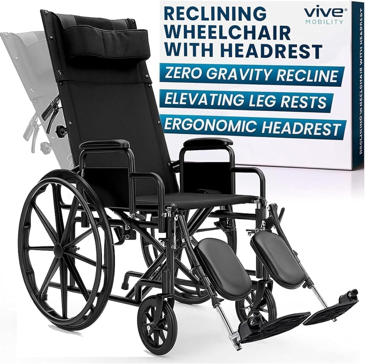 Vive Mobility Reclining Wheelchair w/Elevating Leg Rests - Heavy Duty Recliner Wheel Chair for Seniors & Adults - Narrow 16" Seat, up to 300lbs - High Back, Leg & Head Support - Comfortable Headrest