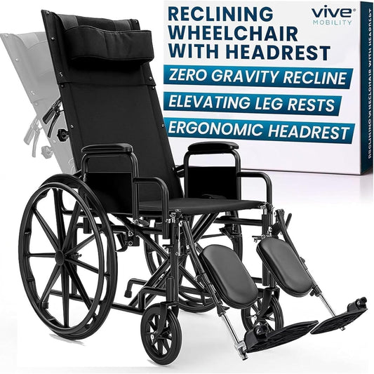 Vive Mobility Reclining Wheelchair w/Elevating Leg Rests - Heavy Duty Recliner Wheel Chair for Seniors & Adults - Narrow 16" Seat, up to 300lbs - High Back, Leg & Head Support - Comfortable Headrest