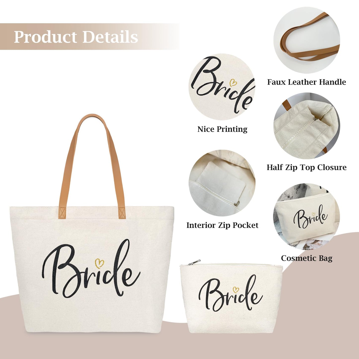 ELEGANTPARK Bride Gifts Wedding Gifts for Bride Bag Bridal Shower Bachelorette Party Honeymoon Large Shoulder Bags Canvas Totes with Zipper Set of 2