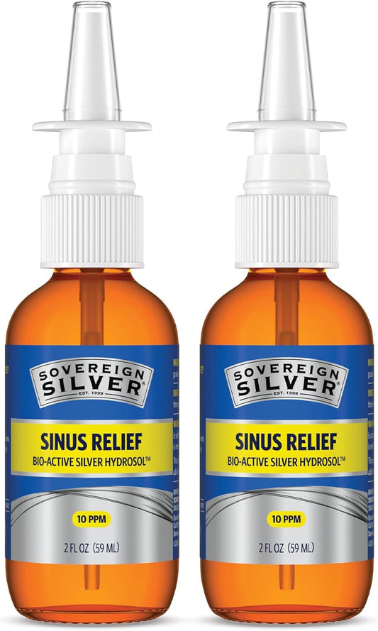 Sovereign Silver Sinus Relief Nasal Spray, 10 PPM Bio-Active Silver Hydrosol, Sinus Spray to Cleanse Mucus & Allergens, Drug-Free Nasal Cleanser, Non-Habit Forming – 2 fl oz (59mL), Pack of 2