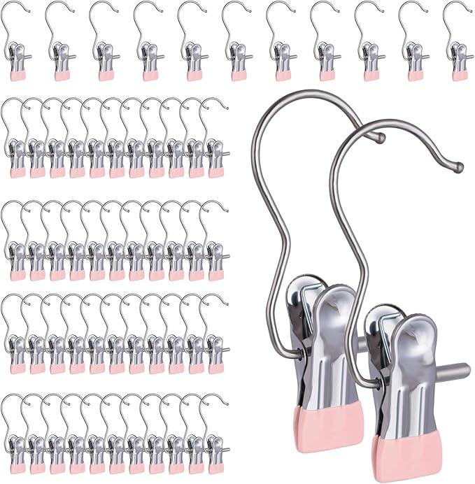 50PCS Space-Saving Clothespin, Portable 360Â° Rotating Stainless Steel Hanging Hook Clips Towel Clips,Laundry Hooks Hanging Clips with Clips for Home and Travel, Pink