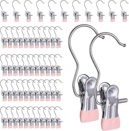 50PCS Space-Saving Clothespin, Portable 360Â° Rotating Stainless Steel Hanging Hook Clips Towel Clips,Laundry Hooks Hanging Clips with Clips for Home and Travel, Pink