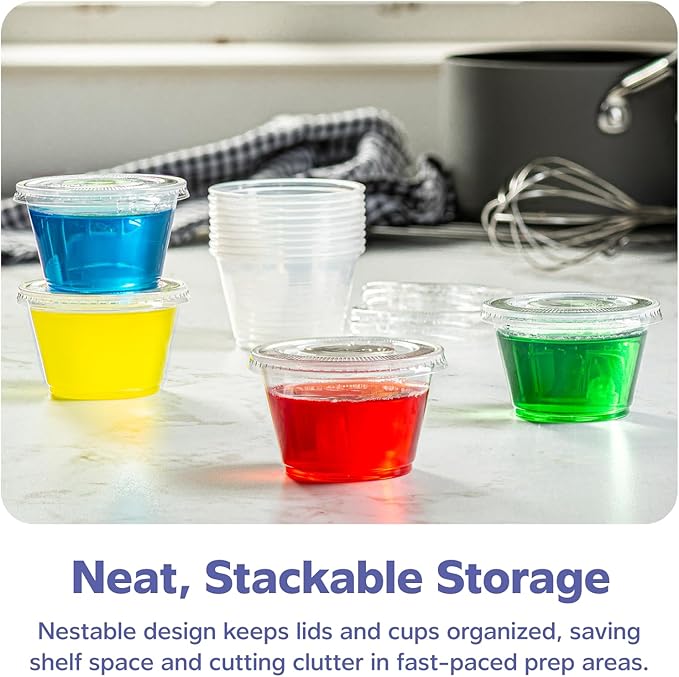 GUSTO 4 oz Jello Shot Cups with Lids [100 Count] Clear Plastic Portion Containers, Condiment Cups for Sauces, Dressings & Samples – Durable, Stackable, Leak-Resistant (Formerly Comfy Package)