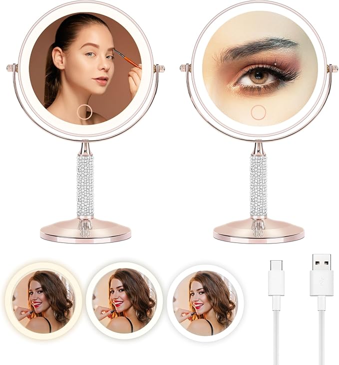 7" Rose Gold Glitter Diamond Rhinestone Makeup Mirror,360Â°Rotate Round Tabletop Vanity Mirror Double Sided 1X/10X HD Undistorted Magnifying Mirror,Portable Vanity Women Gift (Rose Gold)