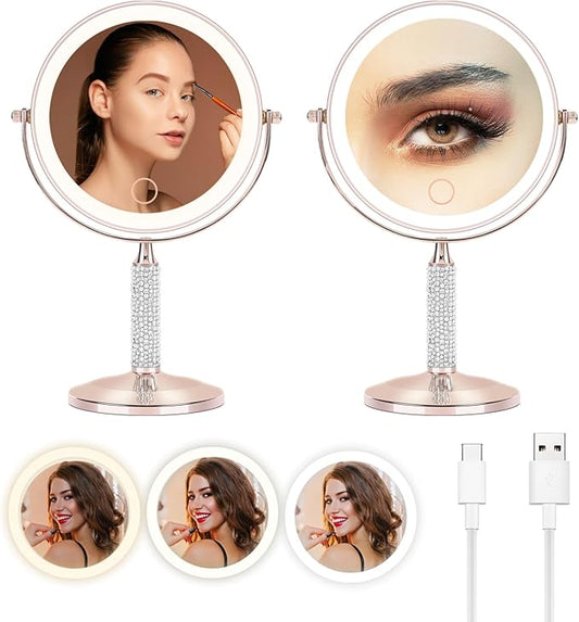 7" Rose Gold Glitter Diamond Rhinestone Makeup Mirror,360Â°Rotate Round Tabletop Vanity Mirror Double Sided 1X/10X HD Undistorted Magnifying Mirror,Portable Vanity Women Gift (Rose Gold)