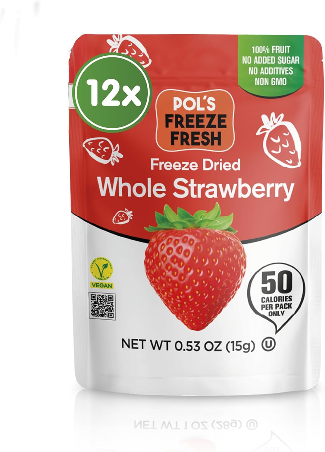 Pol's Fresh Freeze Dried Strawberries Whole, Single Ingredient, No Sugar Added, 12 Pack (0.53 oz Each) - Crispy Crunchy Healthy Fruit Snacks for Cereal, Yogurt & Smoothies, Gluten Free, Vegan, Kosher