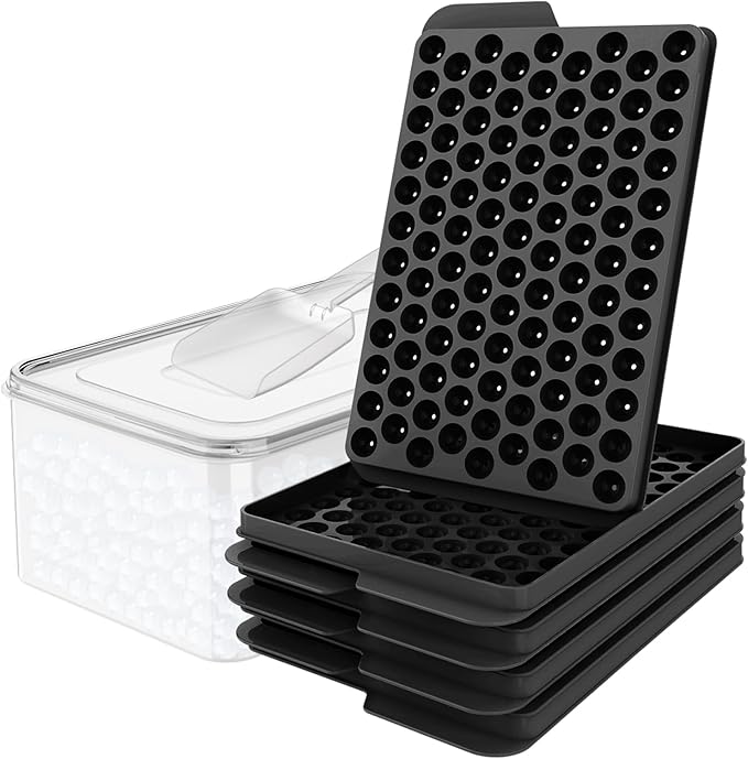 WIBIMEN Mini Ice Cube Trays, 0.55â Tiny Pebble Ice for Iced Coffee & Cocktails, Fast Chill, Easy Twist Release, Stackable with Lid & Storage Bin (4 Pack, Black)