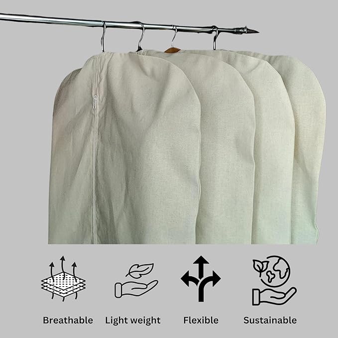 Garment Bag for Hanging Clothes – Organic Cotton Suit & Coat Cover with Zipper | Breathable Closet Organizer for Travel & Storage (Medium, 24"x40", Off-White)