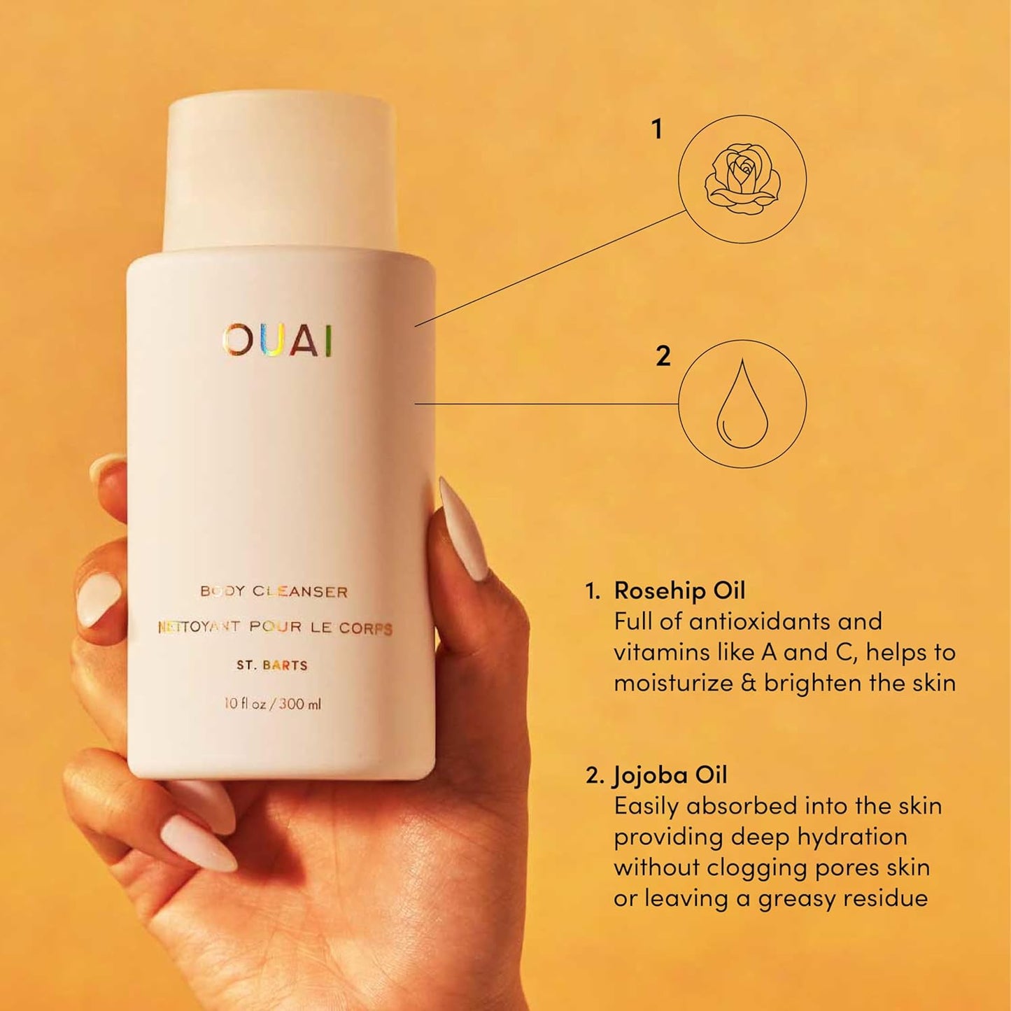 OUAI Body Cleanser, St. Barts - Foaming Body Wash with Jojoba Oil and Rosehip Oil to Hydrate, Nurture, Balance and Soften Skin - Paraben, Phthalate and Sulfate Free Skin Care Products (10 Fl Oz)