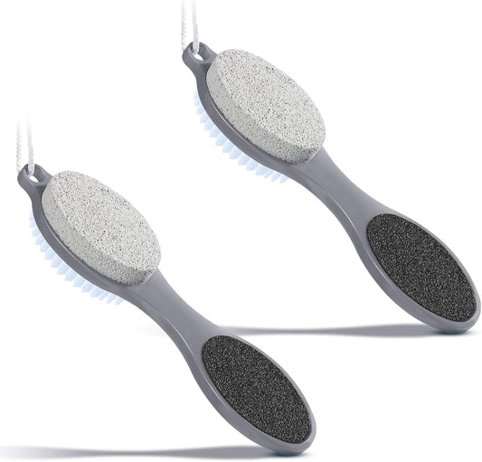 2 Pieces 4 in 1 Pedicure Tool Foot Scrubber Brush Foot File Callus Remover with Foot Rasp, Pumice Stone, Nail Cleaning Brush and Sand Paper for Dry and Wet Foot Care Dead Skin Remover (Gray)