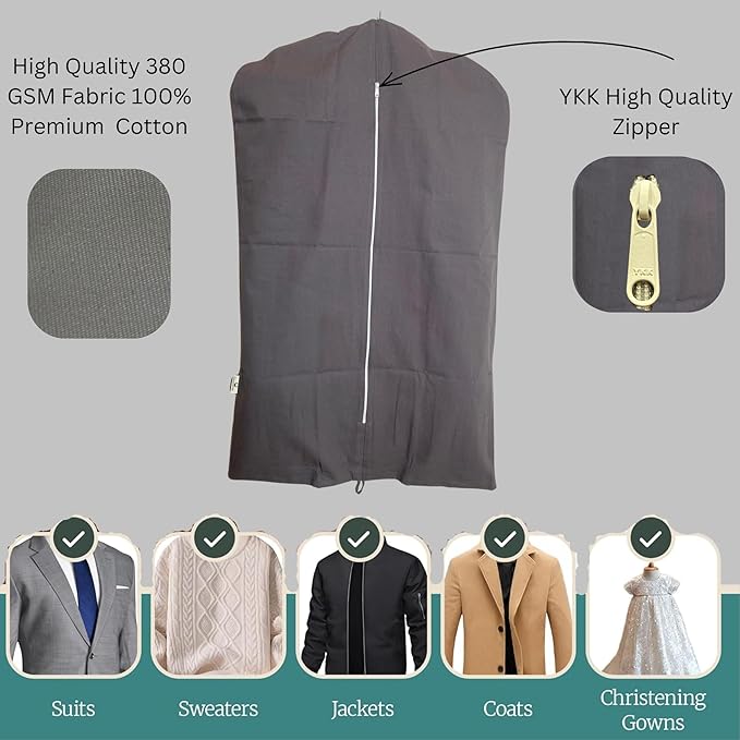 Garment Bag for Hanging Clothes – Organic Cotton Suit & Coat Cover with Zipper | Breathable Closet Organizer for Travel & Storage (X-Large (24"x60"), Gray)