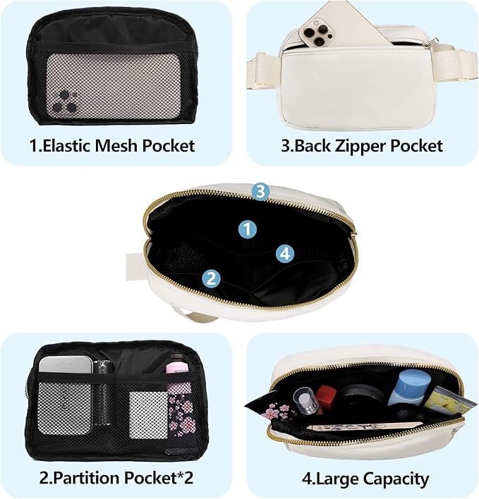VOROLO Fanny Pack Crossbody Bag For Women And Men Belt Bag Gift For Women Bum Bag with Adjustable Strap for Sports Black+Beige