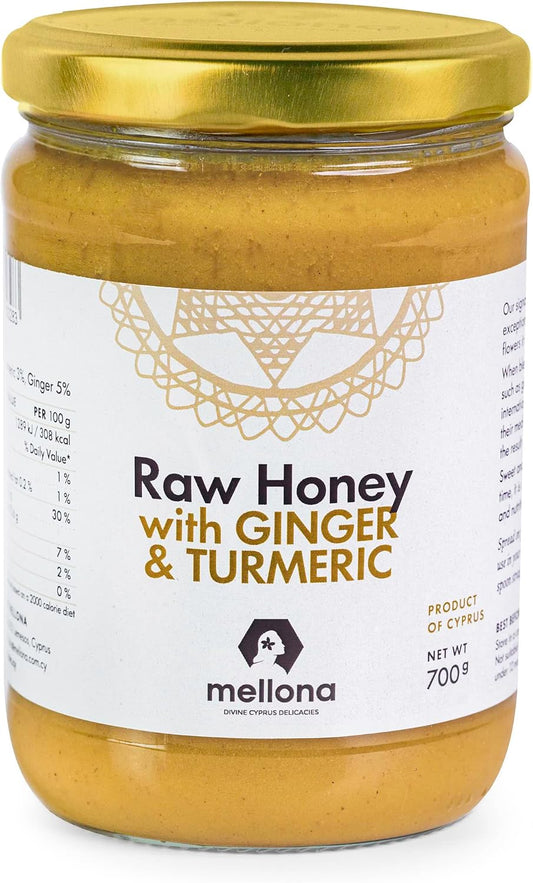 Mellona 100% Raw Honey Unfiltered with Ginger & Turmeric - Natural Honey Raw Unprocessed, Unheated & Unfiltered, No Artificial Additives, Pure Superfood 700 Gram