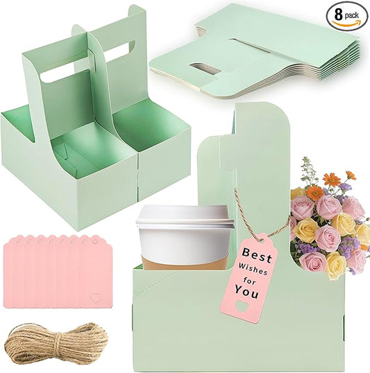 2 Cup Drink Carrier,8 Pack Coffee Cup Holders with Handle,Cardboard Cup Holders for Hot or Cold Drinks,Coffee Carrier with Ribbon and Card,Food Delivery Services and Bouquet(Green)