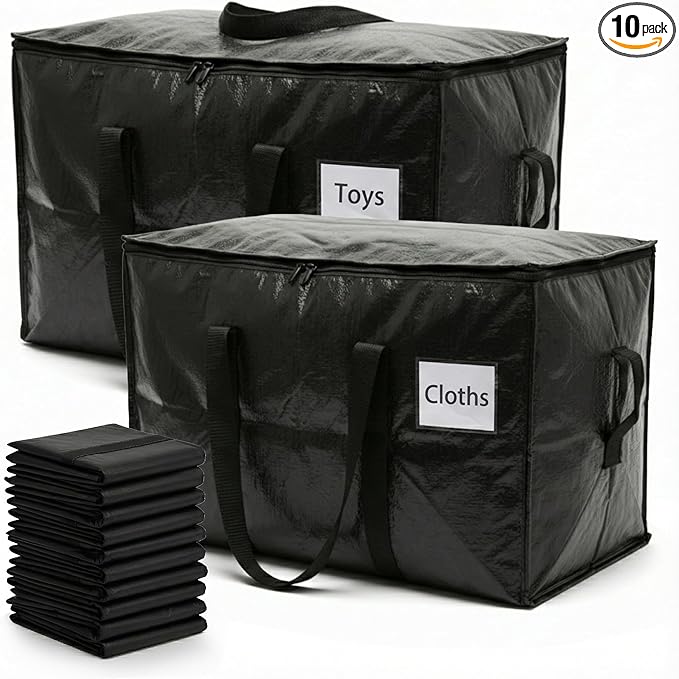 HOLDNâ STORAGE Extra Large Moving Storage Bag with Zipper Lid, Heavy Duty Reusable Tote for Clothes, Bedding, Books, Dorm & Home, Pack of 10 (Mix Pack)