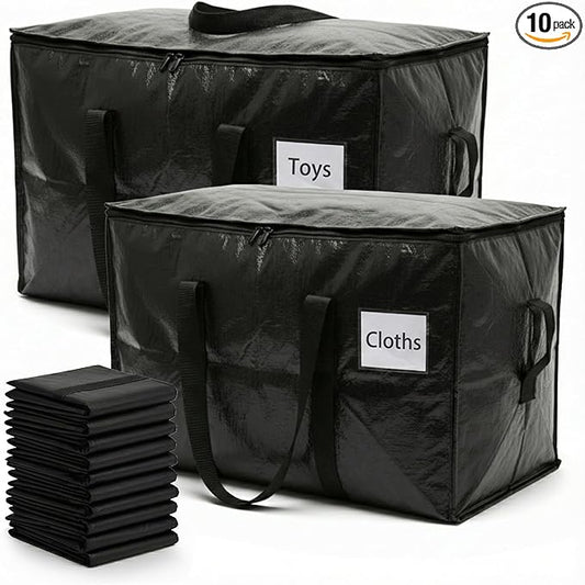 HOLDNâ STORAGE Extra Large Moving Storage Bag with Zipper Lid, Heavy Duty Reusable Tote for Clothes, Bedding, Books, Dorm & Home, Pack of 10 (Mix Pack)
