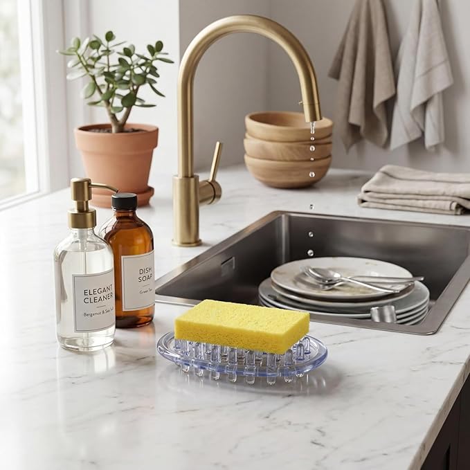 2 Pcs Plastic Soap Holder Soap Dish Bar Saver Tray with Holes Sponge Holder for Kitchen Bathroom Shower Counter, 4.5 x 3 x 0.7 Inches (Clear,Light Gray)