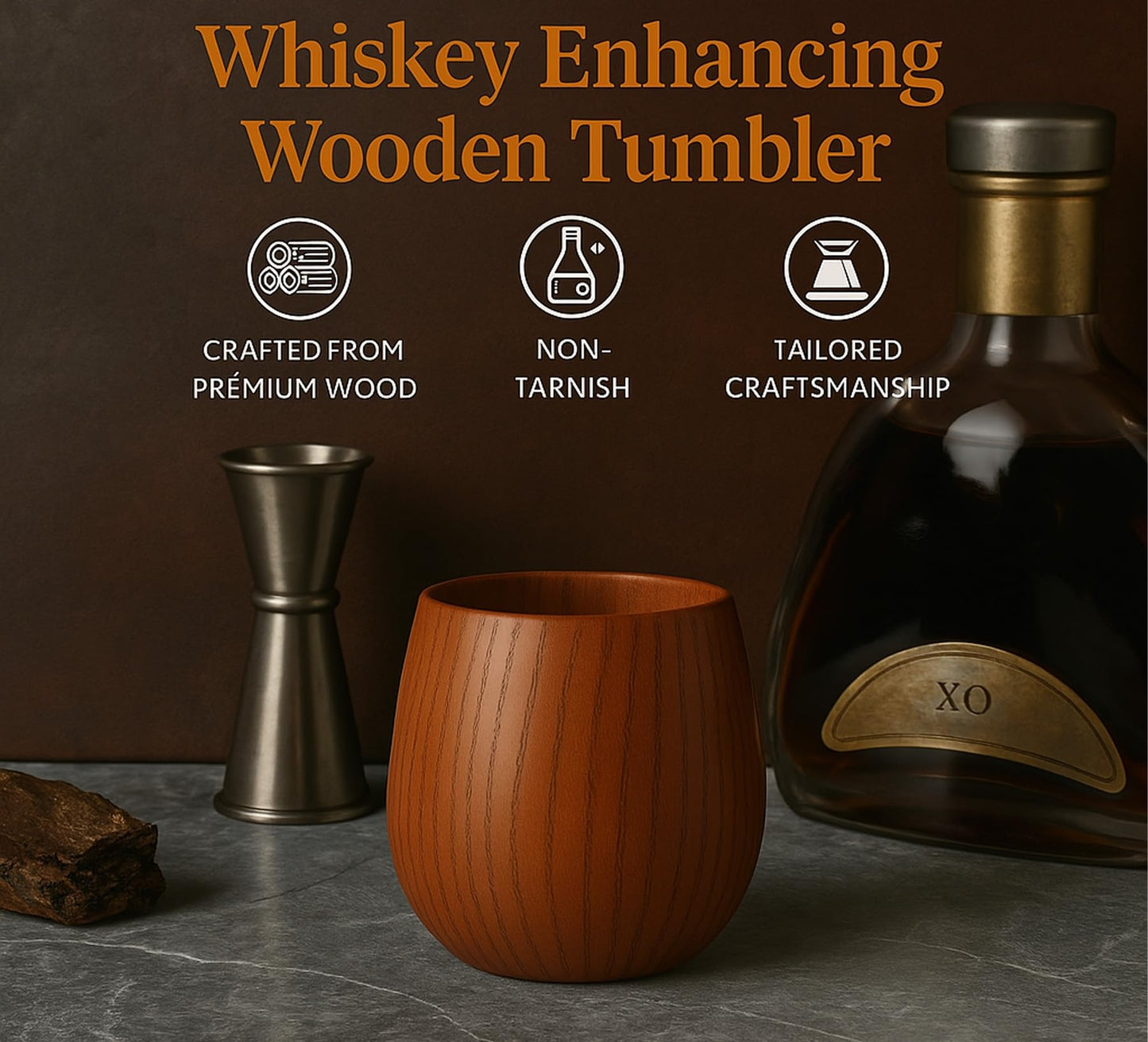 MBBEST Handcrafted Wooden Bourbon Glasses Set of 2 – Hand-Carved Whiskey Tumbler, Flavor-Enhancing Oak Barrel Design, Unbreakable Old Fashioned Glass for Men – Luxury Gift Box Included