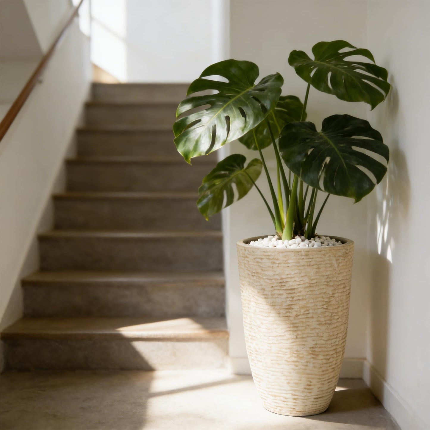 Worth 9 Gallon Tall Round Planters Set of 2-14" Dia x 21"" H Stone Finish Flower Pots Indoor Decorative Container Garden Patio Unbreakable Beige"