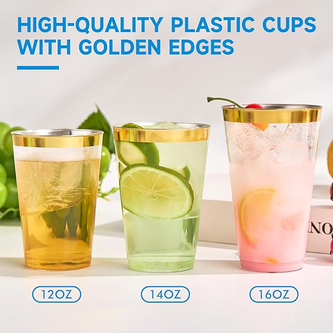 RACETOP 16 oz 100 Pack Disposable Plastic Cups with Gold Rim, Disposable Gold Rim Plastic Cups for Parties, Weddings, Gatherings, and Festival Events