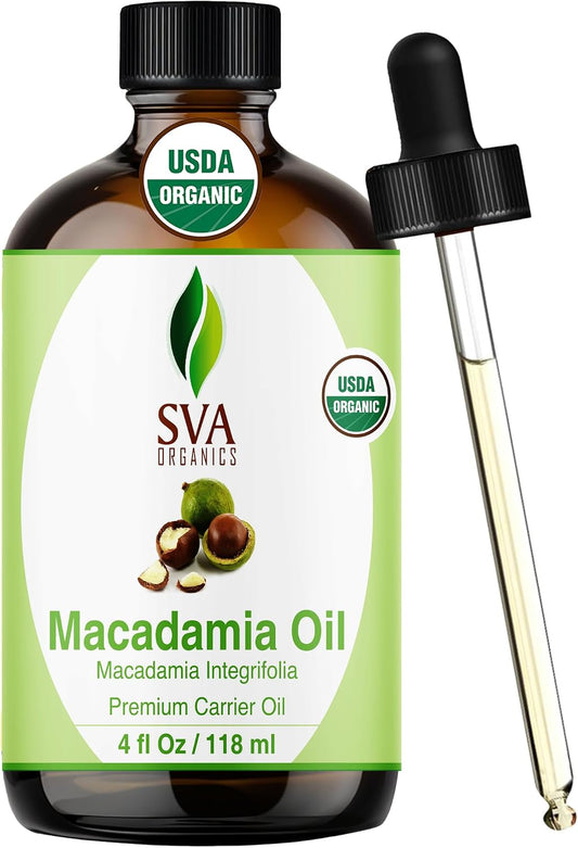 SVA Macadamia Seed Oil Organic - 4 Fl Oz – 100% Natural Cold Pressed Organic Macadamia Oil - for Face, Skin Care, Hair Care, Scalp Massage & Body Massage – Carrier Oil with Dropper