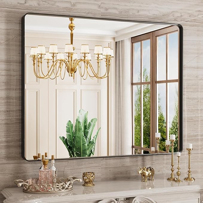 Black Bathroom Mirror 40X36 Inch, Black Metal Framed Mirror for Wall, Rounded Rectangle Matte Bathroom Vanity Mirror with Tempered Glass, Anti-Rust, Horizontal/Vertical