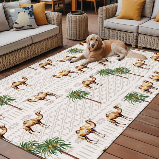 Vintage Camel Outdoor Rug 5x8 Ft Patio Rug Coconut Trees Bohemia Tribe Geometric Washable Area Rugs Absorbent Outdoor Carpet Floor Mat for Patio Front Porch Deck Backyard Balcony Decor