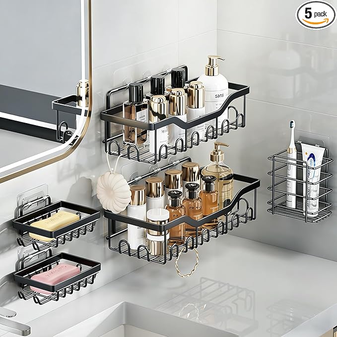Fammart Adhesive Shower Caddy, 5-Pack Rustproof Stainless Steel Bathroom Organizer with 28 Hooks, No-Drill Large Capacity Shower Shelves for Bathroom Storage & Home DÃ©cor, Black