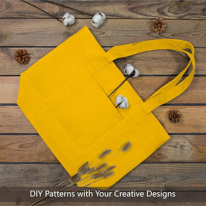 TOPDesign 3-Pack Canvas Tote Bags with an External Pocket, Reusable Grocery Shopping Bags, Top Zipper Closure, Daily Essentials (Yellow)