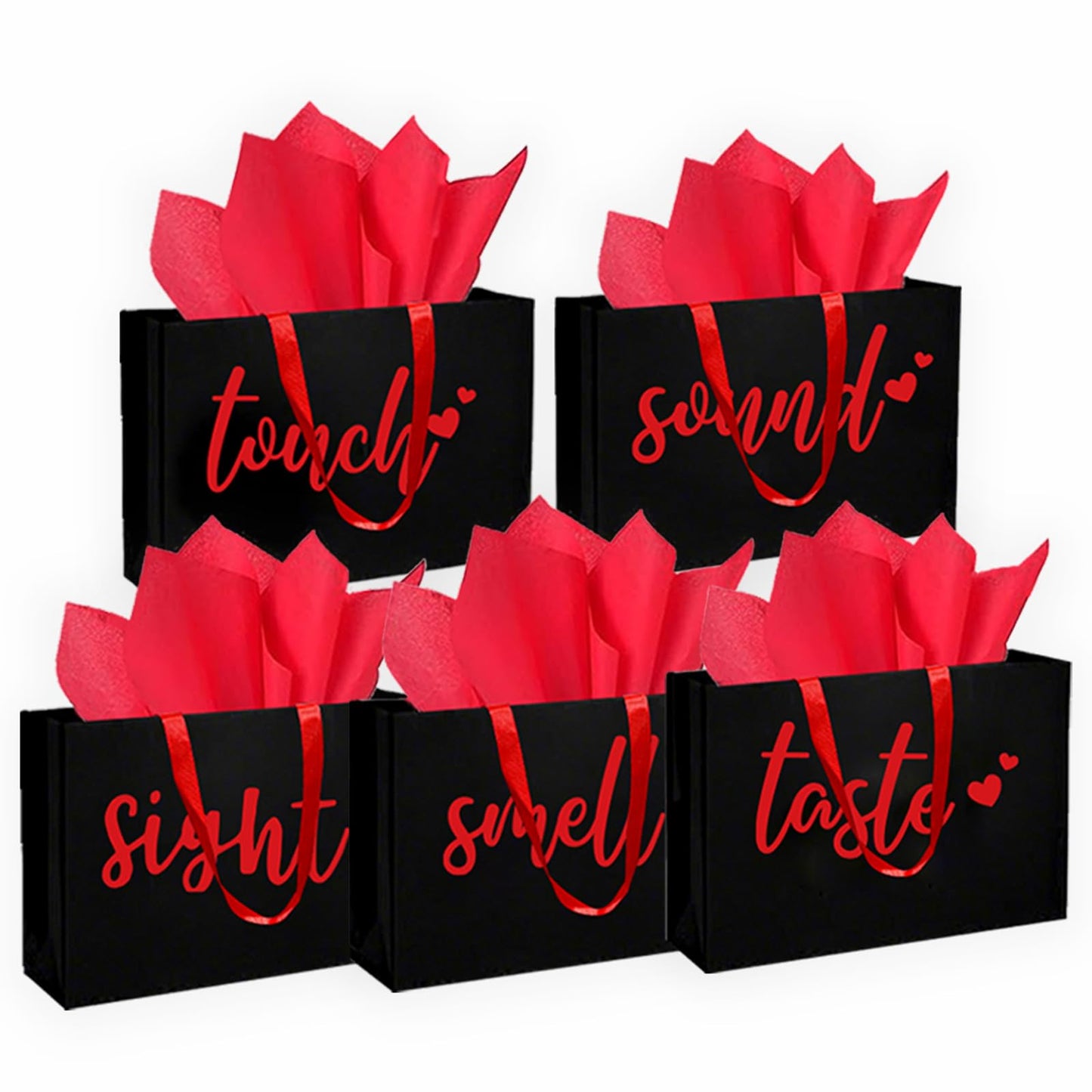 YIXAXKAO 5 Senses Gift Bags Five Senses Gift Bags with Tissue Paper Kraft Paper Bag with Ribbon Handles for Anniversary, Valentine's Day, Birthday for Him Husband Boyfriend (Red black)