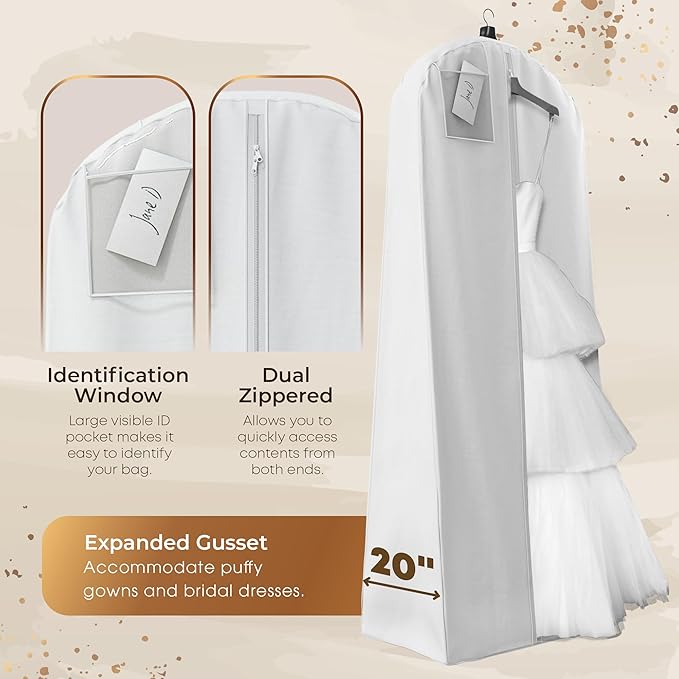 Your Bags Wedding Dress Garment Bag with Matching Tote- Garment Bags for Travel & Hanging Clothes or Storage - 72" Wedding Dress Bag for Gowns Long with 20" Gusset for Puffy Bridal Gowns Cover - White