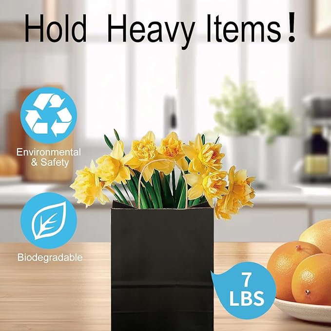 BAG BOX 100 Pack Medium 5.9x3.1x8.25Inch Black Kraft Paper Gift Bags with Handles for Bulk Shopping, Retail, Craft, Party Favors, Wedding, Grocery & Sacks