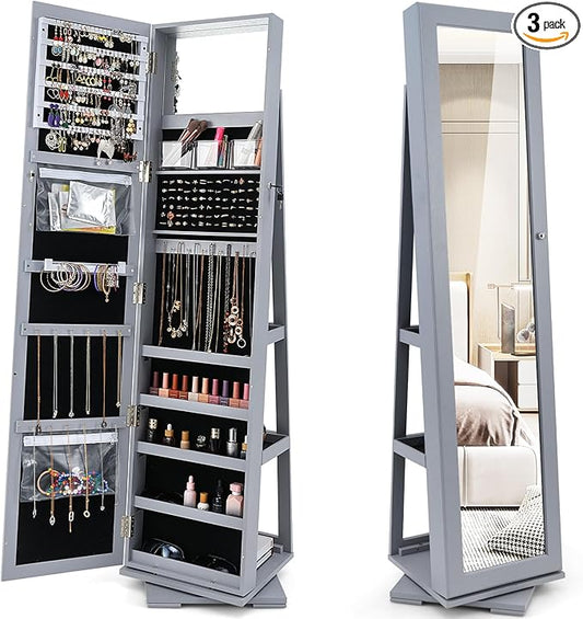 360Â° Swivel LED Mirror Jewelry Cabinet with Full Length Mirror, Lockable Floor Standing Mirrored Jewelry Armoire Organizer w/Inside Makeup Mirror & Back Storage Shelves, Space-Saving (Gray)
