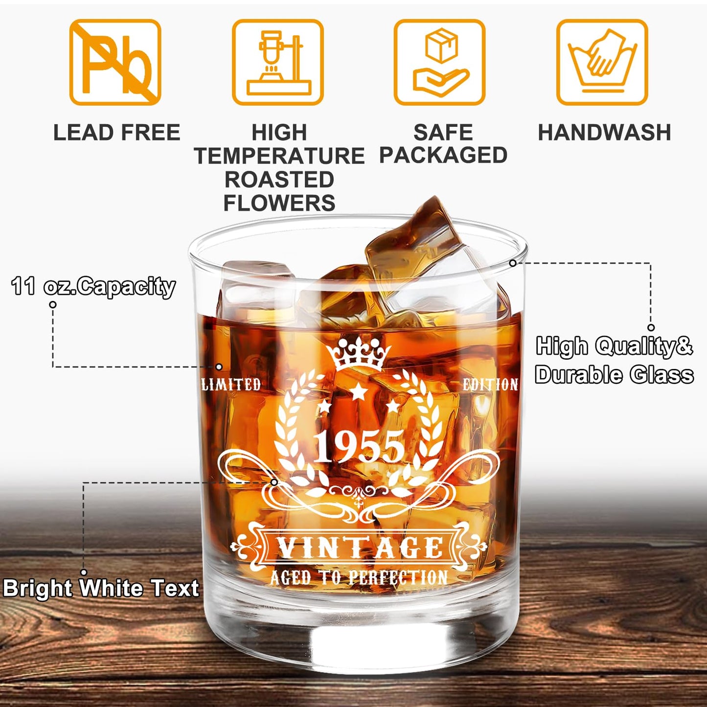 YeohJoy 70th Birthday Gifts for Men,Vintage 1955 Whiskey Glass Set,Wood Box & Whiskey Stones & 1955 Poster Anniversary Card & Coaster,Birthday Gifts Ideas for Him,Husband,Dad