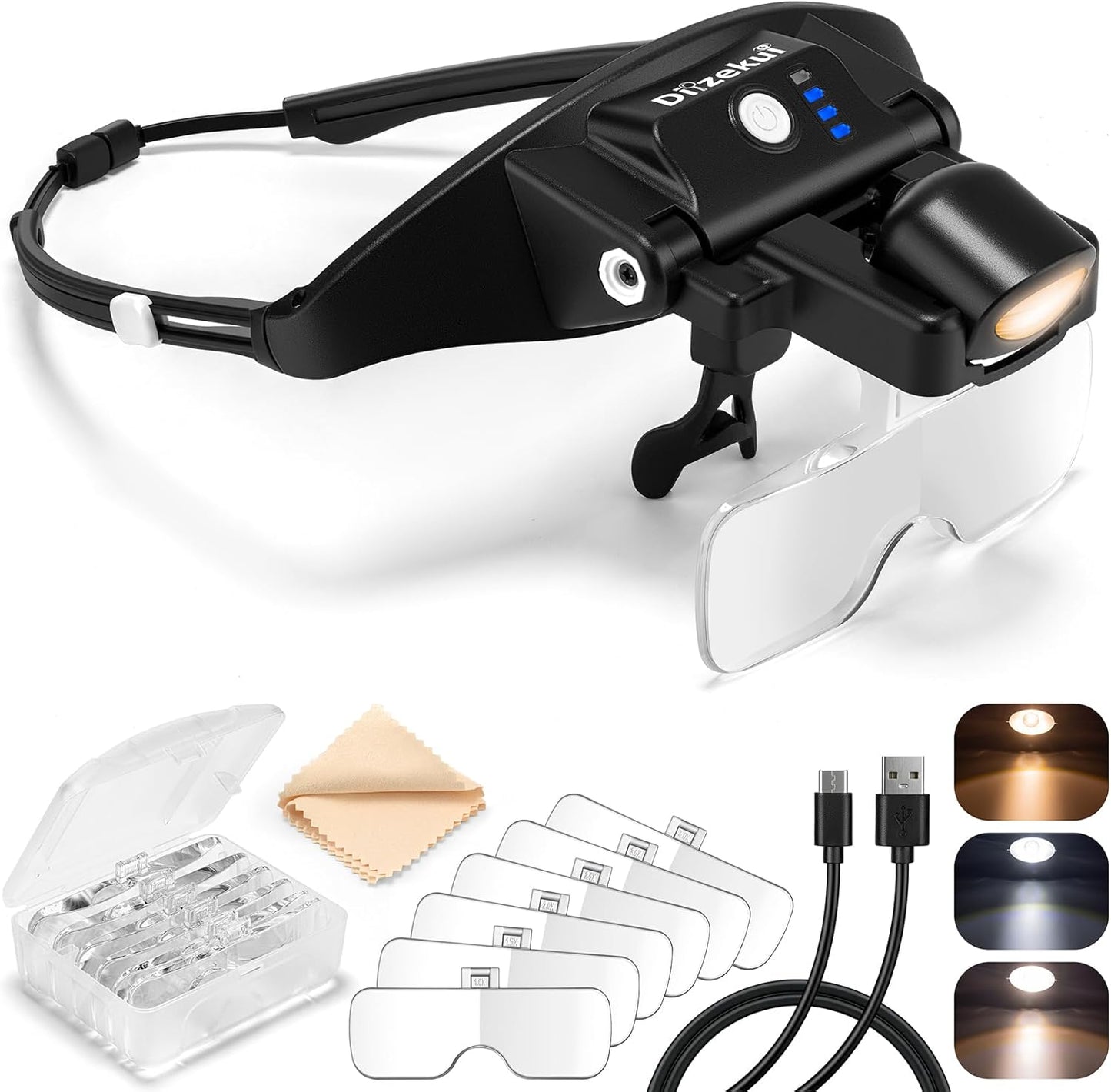 Magnifying Glass with Light 1X-4X, Rechargeable Magnifying Glasses Magnetic Head Magnifier, Magnify Glass with 6 Detachable Lenses, Warm Cold Light Modes Magnifier for Close Work Hobby Crafts