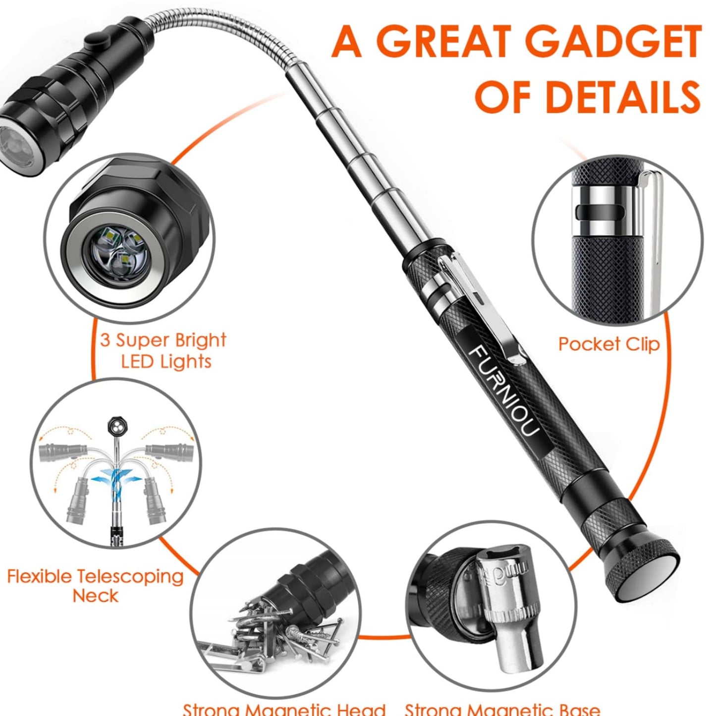 FURNIOU Gifts for Men, LED Magnetic Pickup Tool, Stocking Stuffers For Adults,Birthday Gifts for Men, Extendable Magnetic Flashlight, Mens Gifts for Women Husband Grandpa Him, Cool Gadgets Gifts Idea