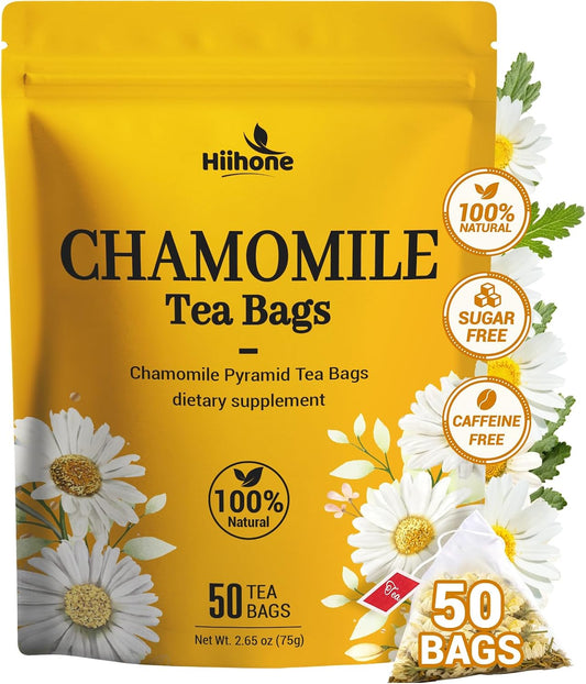 Chamomile Tea Bags, Chamomile Flower Herbal Tea - Sugar-Free, Caffeine-Free, 50 Teabags