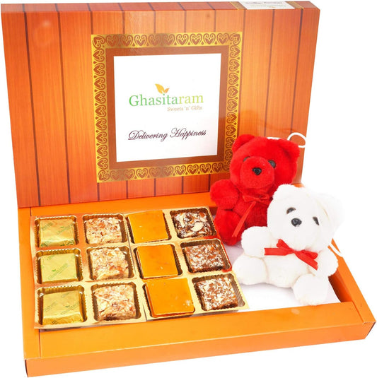 Ghasitaram Gifts Valentines Gift for Girlfriend/Boyfriend/Husband and Wife - Valentine Sweets Assorted Bites and 2 Teddies