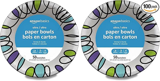 Amazon Basics Ultra Disposable Paper Bowls, 20 Oz, Microwave Safe, Soak Proof, Strong & Sturdy, White, 50 Count (Pack of 2)